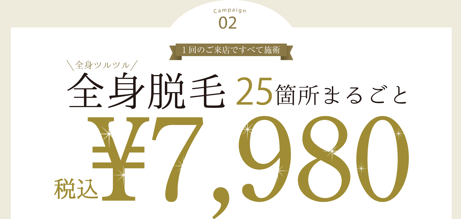 キャンペーン02　1回のご来店ですべて施術　全身ツルツル全身脱毛25箇所まるごと税込78,980円